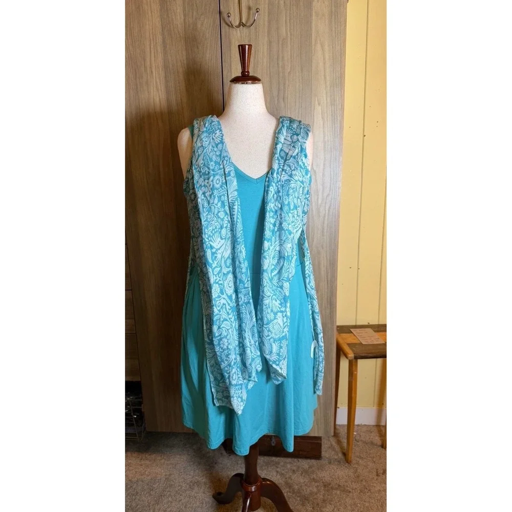 420. 2 Piece Set Dress and Kimono Teal Floral Bird Print XL Sleeveless V-Neck
